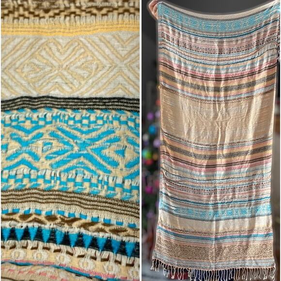 Bohemian Wrap Scarf Woven Striped Fringed Aztec Geometric Beige Blue Pink - Picture 2 of 14